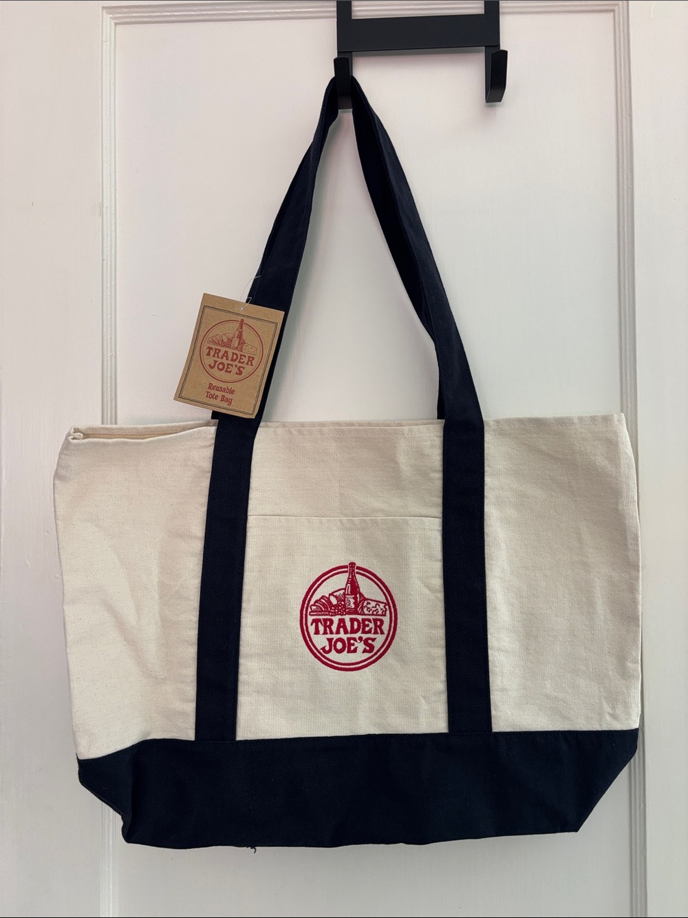 Trader Joe's Cream and Black Canvas Tote Bag with Red Logo
